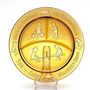 Vintage Tiara Amber Glass Nursery Rhyme Dish Divided Plate Margery Daw See Saw